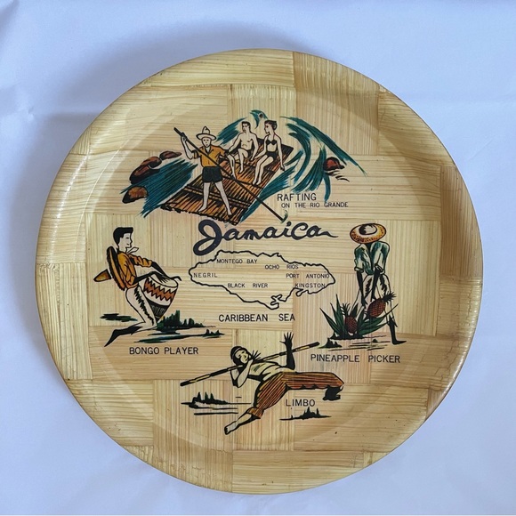 Vintage Bamboo Serving Wooden plate Jamaica Souvenir Mid Century Collectible - Picture 1 of 8